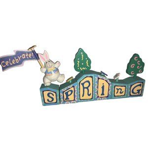 Easter Wood Letter Blocks Decoration  "Celebrate Spring” Bunny Rabbit Flowers